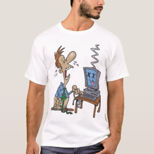 Camiseta el problema con el ordenador, un ratón en una man