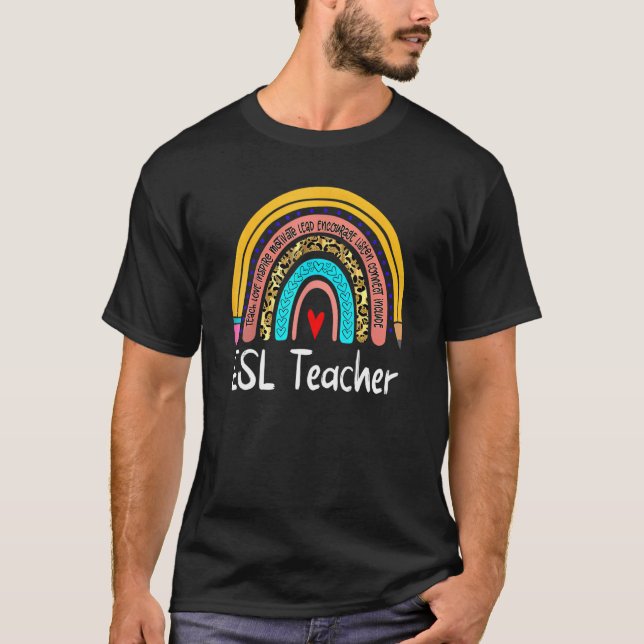 Camiseta El profesor Esl Leopard Rainbow vuelve al inglés e (Anverso)