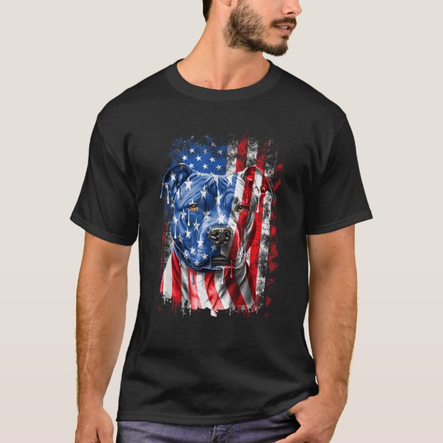 Camiseta El retro Pitbull Perro Bandera Americana Día de la (Anverso)