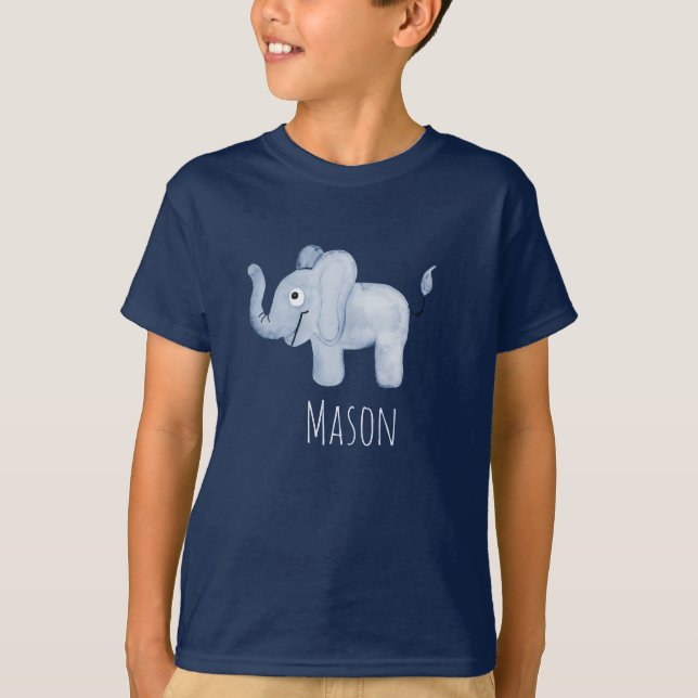 Camiseta El Safari del Elefante Azul del Niño con nombre (Anverso)