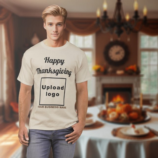 Camiseta El saludo de Acción de Gracias de Negocios sobre e (Thanksgiving greeting, business name and logo on sand color t-shirt)