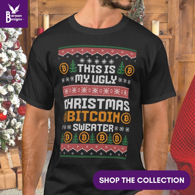 Camiseta El sueño de un patrón de broma de NAVIDADES de BIT (Ugly CHRSTMAS BITCOIN T-shirt with Nordic-inspired typography. )