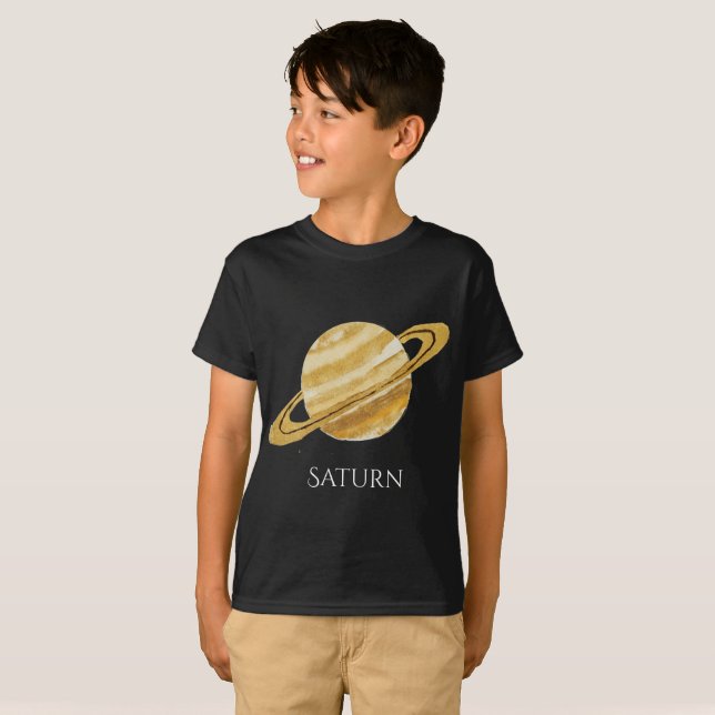 Camiseta El T del niño de la acuarela del planeta de Saturn (Anverso completo)