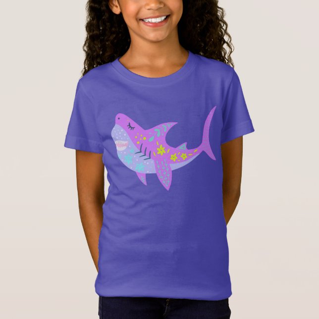 Camiseta El tiburón sonriente kawaii en morado y azul (Anverso)