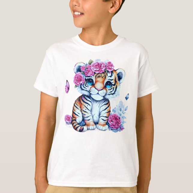 Camiseta El tigre bebé adorable en un jardín de flores (Anverso)