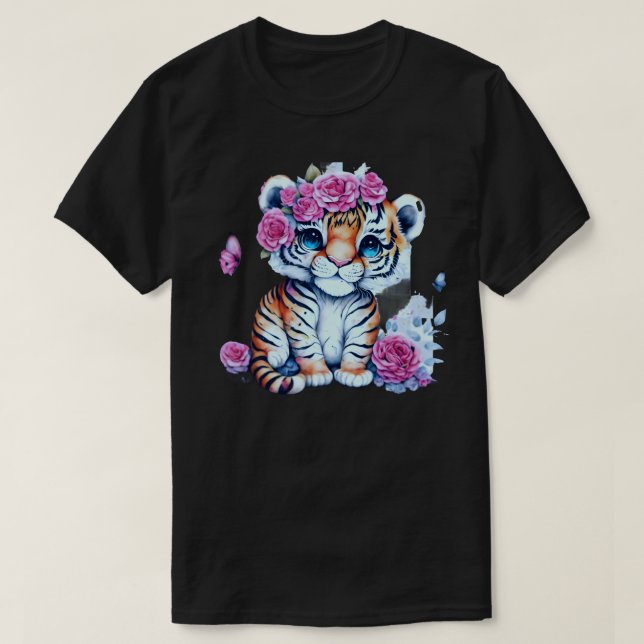 Camiseta El tigre bebé adorable en un jardín de flores (Diseño del anverso)