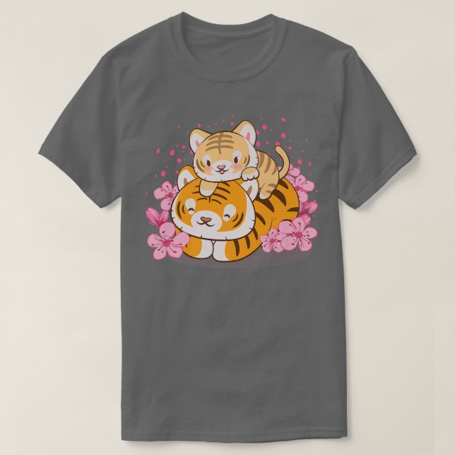 Camiseta El tigre bebé y la mamá rosada Sakura Kawaii (Diseño del anverso)