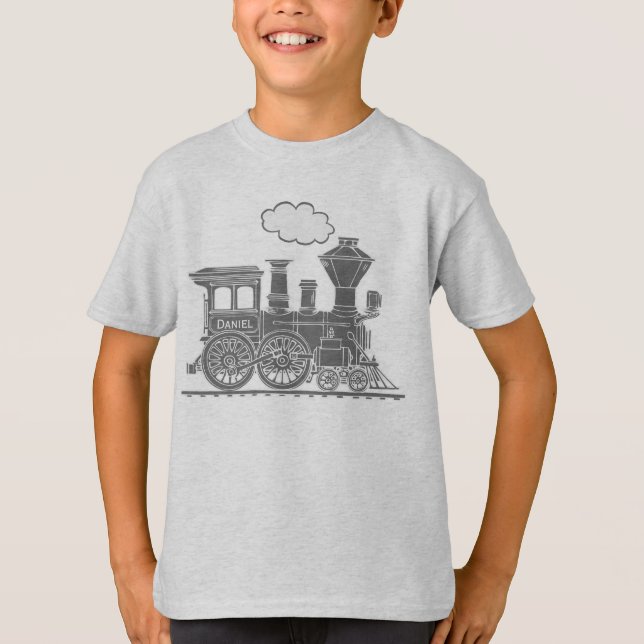Camiseta El tren gris del loco del vapor "su nombre" (Anverso)