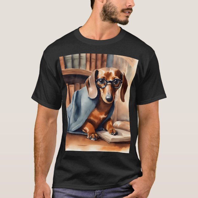 Camiseta El viejo Dachshund en la vieja biblioteca (Anverso)