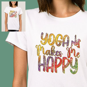 Camiseta El yoga me hace feliz el arcoiris pastel en blanco