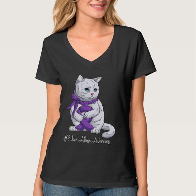 Camiseta Elder Abuse Awareness Month Purple Ribbon Cat (Anverso)