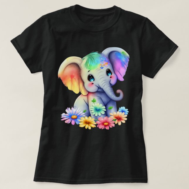 Camiseta Elefante bebé arcoiris con ojos azules (Diseño del anverso)