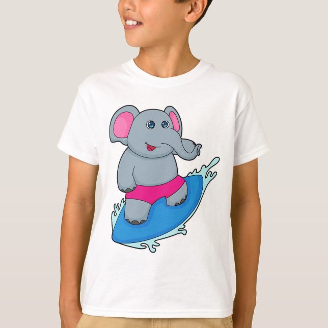 Camiseta Elefante como surfista con tabla de surf (Anverso)