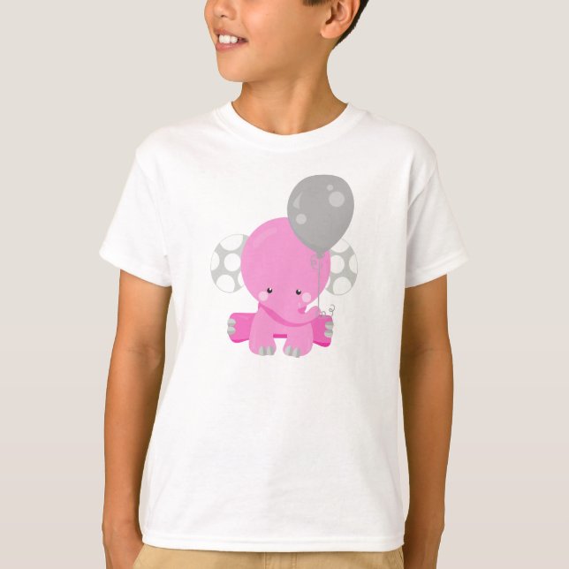 Camiseta Elefante con globo, elefante rosado, animal lindo (Anverso)