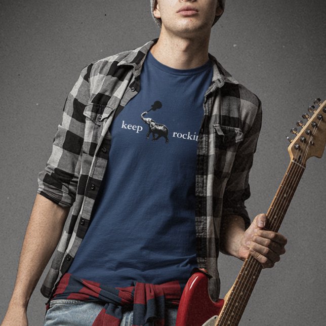 Camiseta elefante con guitarra en su baúl, rocki (keep rockin')