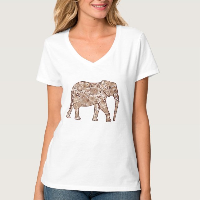 Camiseta elefante de remolino fractal - marrón y taupe (Anverso)