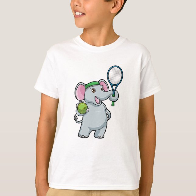 Camiseta Elefante en el tenis con raqueta de tenis y bolas (Anverso)