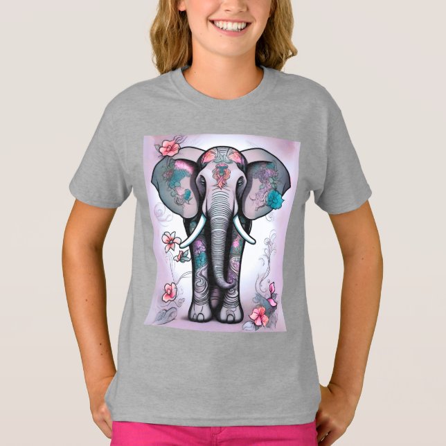 Camiseta Elefante gris indio adornado con flores (Anverso)