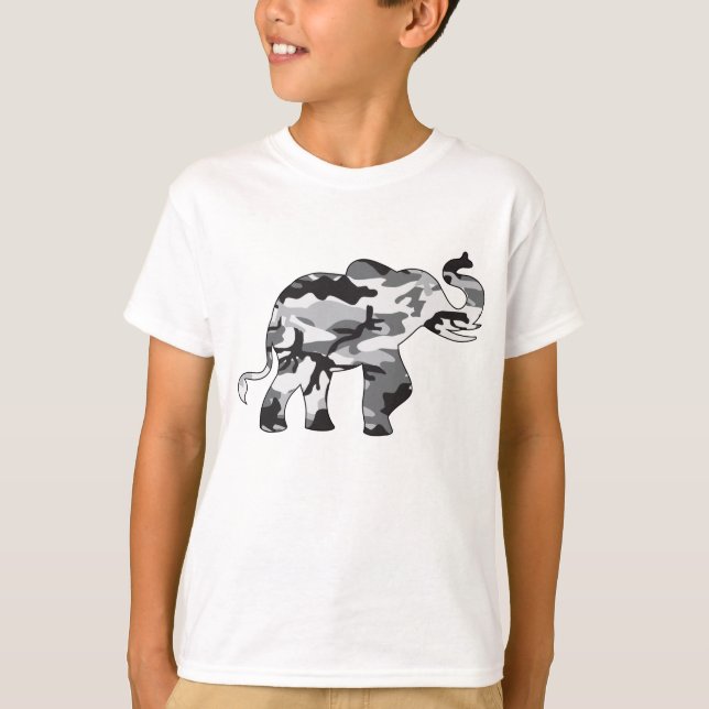 Camiseta Elefante hecho en un patrón gris del ejército de c (Anverso)