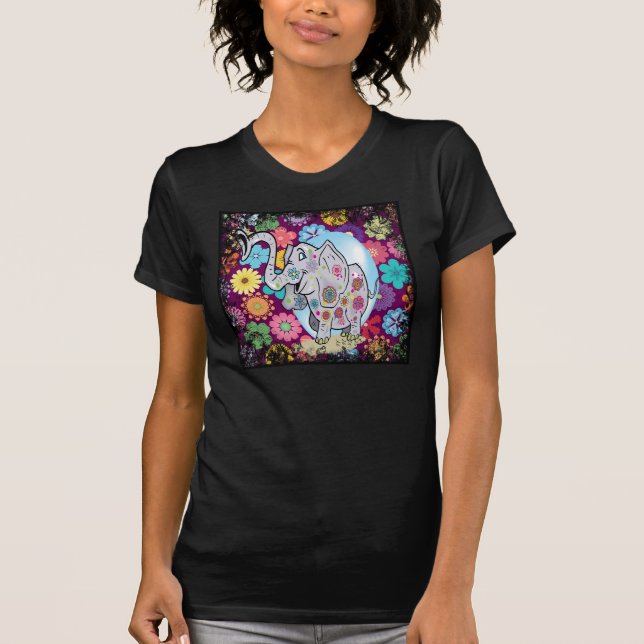 Camiseta Elefante hippie lindo con flores de colores (Anverso)