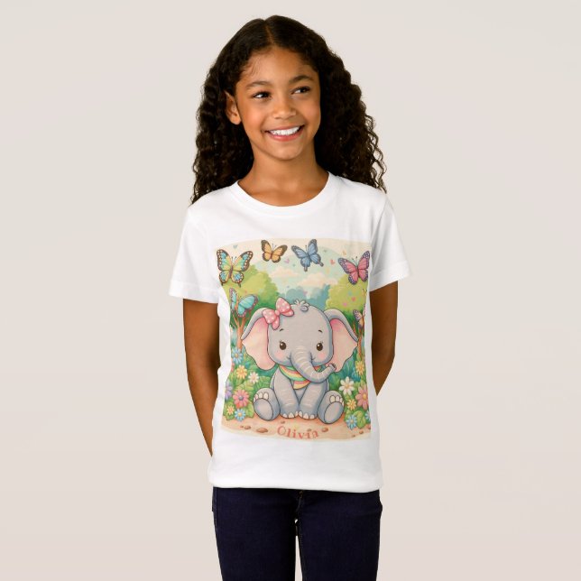 Camiseta Elefante lindo personalizable y mariposas (Anverso completo)