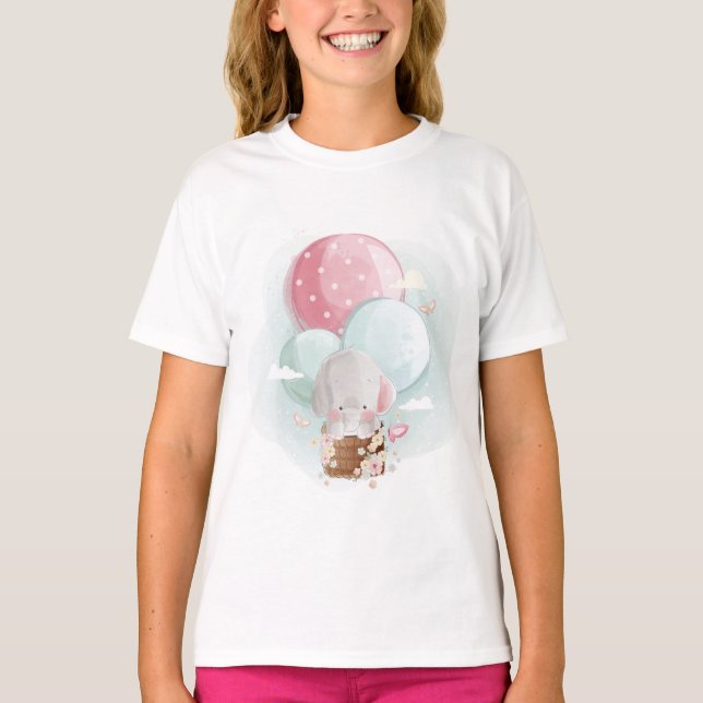 Camiseta Elefante lindo volando con globos (Anverso)