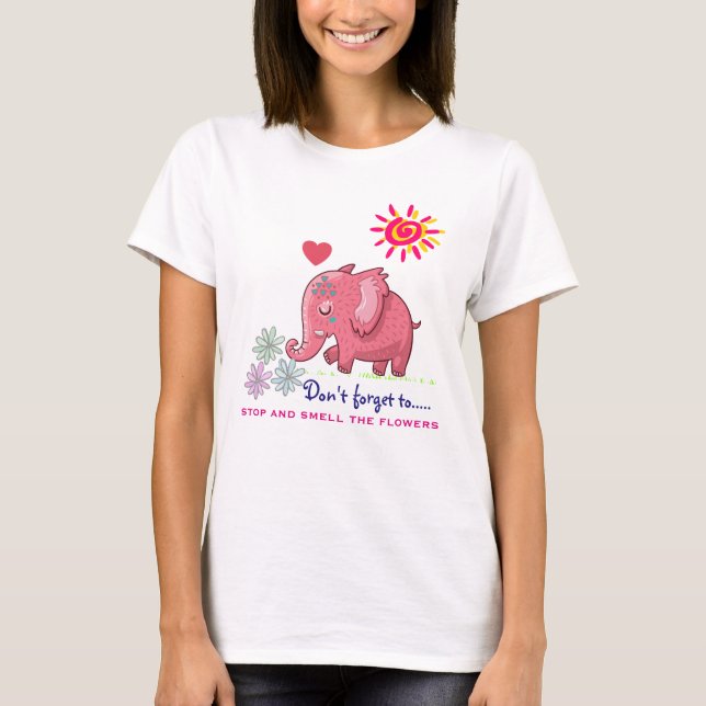 Camiseta Elefante Rosa Cute Festejando Daisias Con Decir (Anverso)