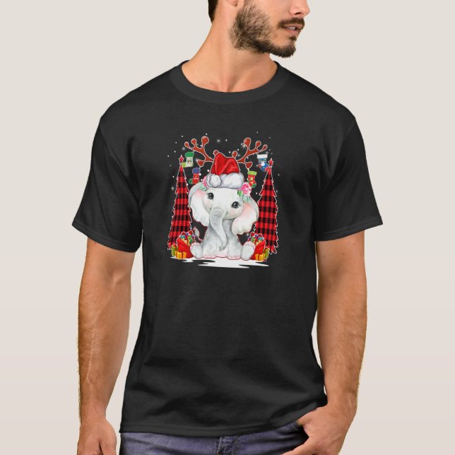 Camiseta Elefante Santa Hat Reindeer Tree Red Plaid Christi (Anverso)