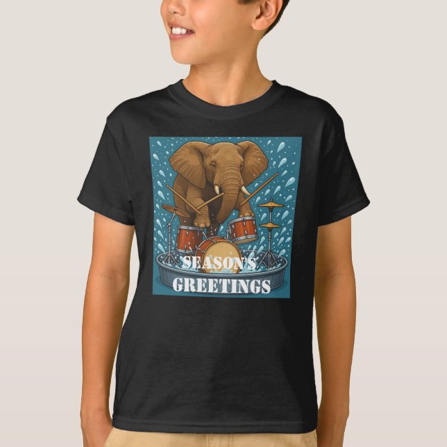 Camiseta Elefante tocando tambores salpicando agua, niño de (Anverso)