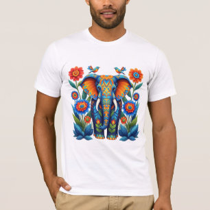 Camiseta Elefante Vibrante de Arte Folclórico con Jardín Fl