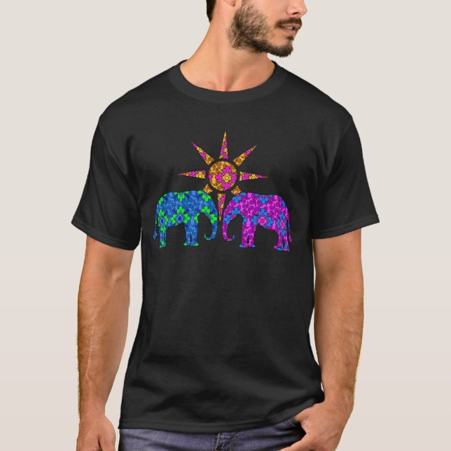 Camiseta Elefantes De Paisley Coloridos Y Exquisitos Al Sol (Anverso)