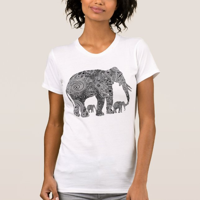 Camiseta Elefantes Florales de Ornatos Negros y Blancos (Anverso)