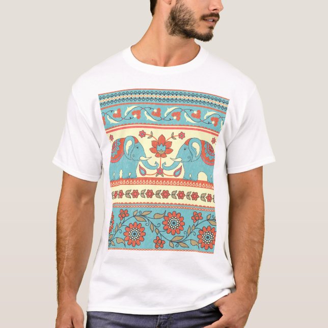 Camiseta Elefantes, flores, estampado étnico (Anverso)