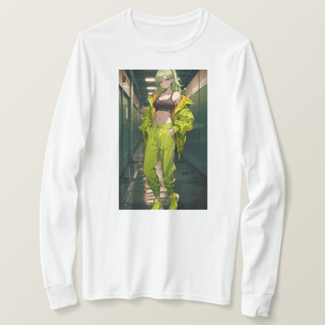 Camiseta Elegancia en verde: elegante Chica de larga tradic (Anverso del diseño)