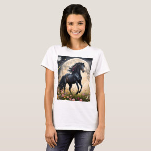 Camiseta Elegancia Lunar: Caballo Negro Fantasía con Luna