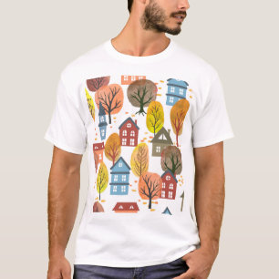 Camiseta Elegancia otoñal: Ciudad acuarela y árboles
