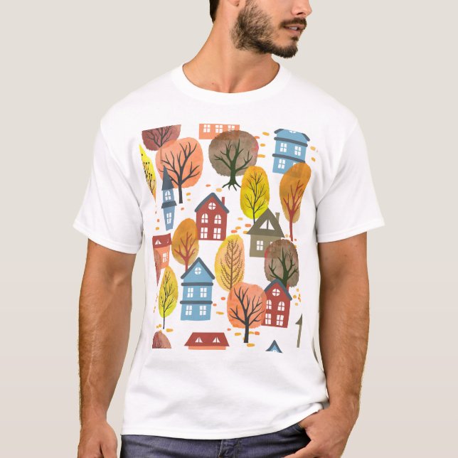 Camiseta Elegancia otoñal: Ciudad acuarela y árboles (Anverso)