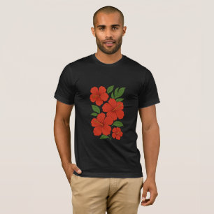 Camiseta Elegancia Tropical Hibisco Rojo sobre Negro