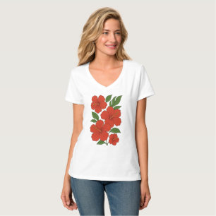 Camiseta Elegancia Tropical Hibisco Rojo sobre Negro