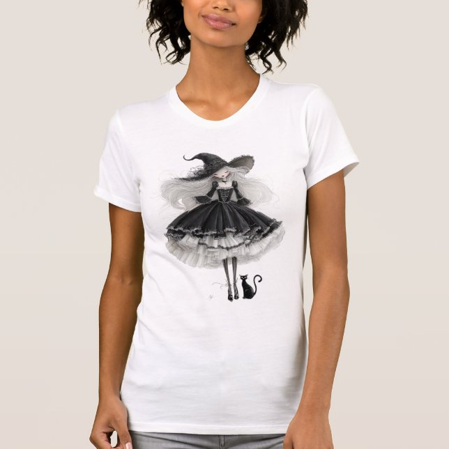 Camiseta Elegant Black Witch – Gothic Watercolor Art (Anverso)