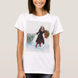 Camiseta Elegant Woman in Santa Hat Pulling Christmas Tree 