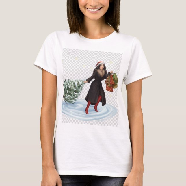 Camiseta Elegant Woman in Santa Hat Pulling Christmas Tree  (Anverso)