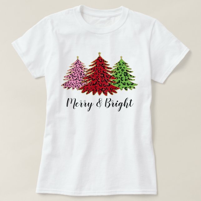 Camiseta Elegante árbol de Navidad de leopardo con brillo (Diseño del anverso)