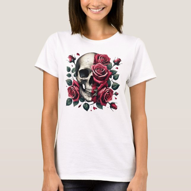 Camiseta Elegante arte de cráneo de rosa rojo (Anverso)