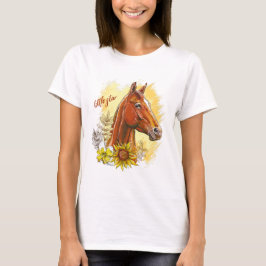Camiseta Elegante caballo de dibujo a mano con plantas y fl