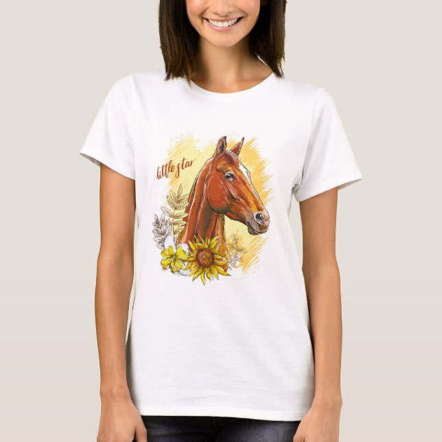 Camiseta Elegante caballo de dibujo a mano con plantas y fl (Anverso)