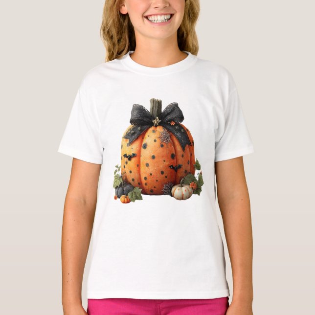Camiseta Elegante calabaza de Halloween con arco negro (Anverso)