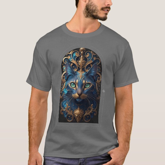 Camiseta Elegante cara de gato azul y dorado (Anverso)