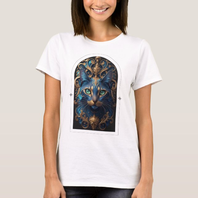 Camiseta Elegante cara de gato azul y dorado (Anverso)