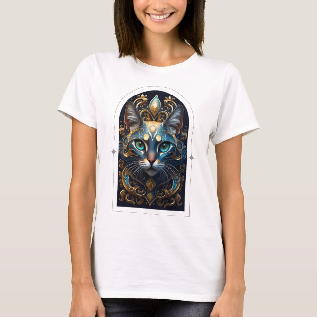 Camiseta Elegante cara de gato azul y dorado (Anverso)